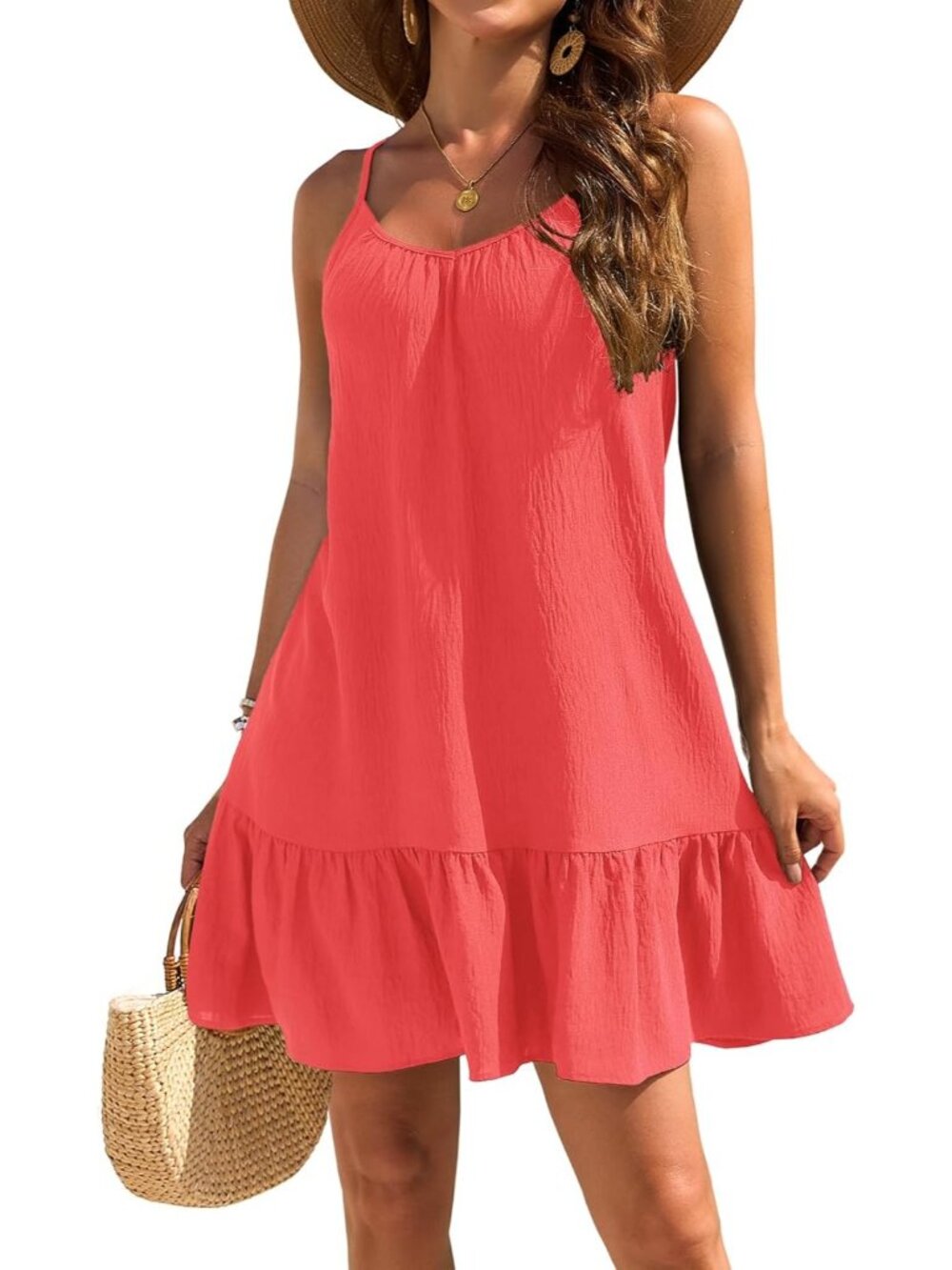 Women's Watermelon Red Beach Spaghetti Straps Imported Pull On Swimsuit Cover Up